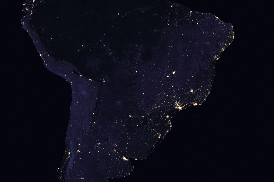 Composite image of South America at night, 2016. (NASA Earth Observatory images by Joshua Stevens, using Suomi NPP VIIRS data from Miguel Román, NASA's Goddard Space Flight Center)