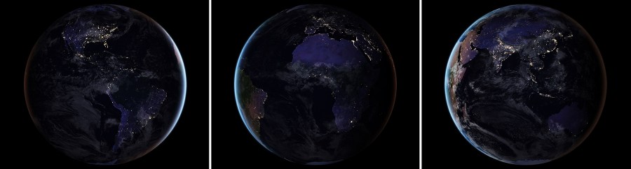 These three composite images provide full-hemisphere views of Earth at night. The clouds and sun glint — added here for aesthetic effect — are derived from MODIS instrument land surface and cloud cover products. (NASA Earth Observatory images by Joshua Stevens, using Suomi NPP VIIRS data from Miguel Román, NASA's Goddard Space Flight Center)
