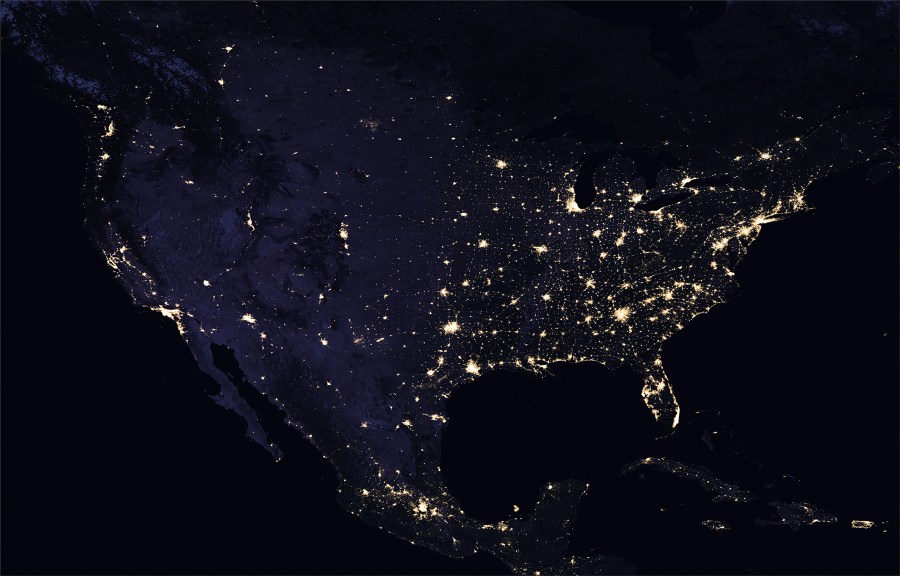 Composite image of continental U.S. at night, 2016. (NASA Earth Observatory images by Joshua Stevens, using Suomi NPP VIIRS data from Miguel Román, NASA's Goddard Space Flight Center)