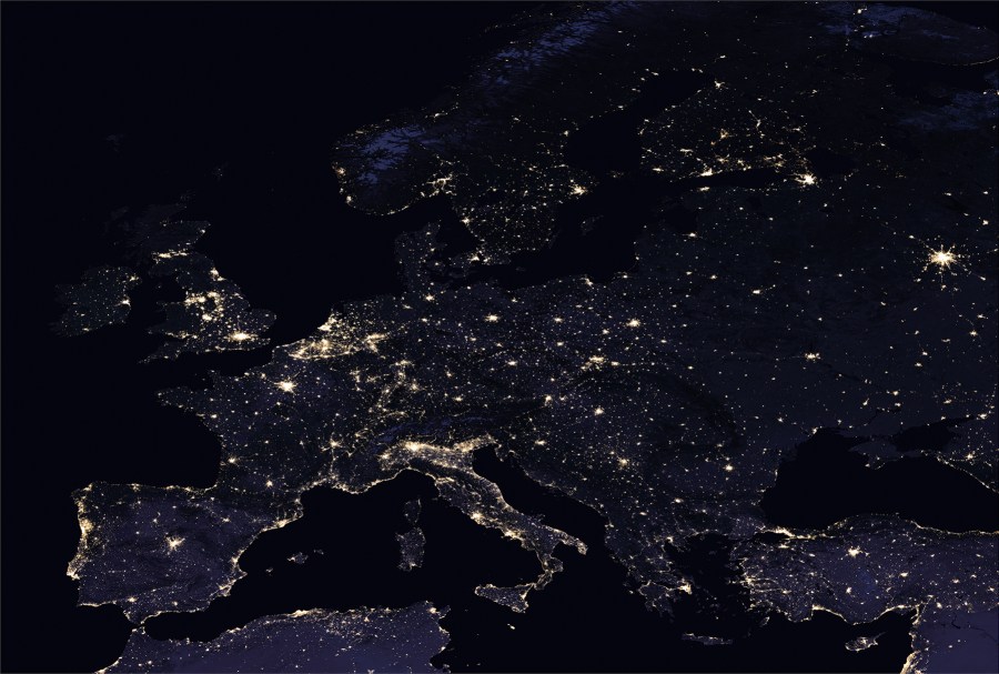 Composite image of Europe at night, 2016. (NASA Earth Observatory images by Joshua Stevens, using Suomi NPP VIIRS data from Miguel Román, NASA's Goddard Space Flight Center)