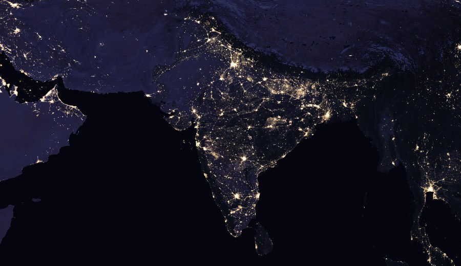 A composite nighttime view of India and surrounding areas. (NASA Earth Observatory images by Joshua Stevens, using Suomi NPP VIIRS data from Miguel Román, NASA's Goddard Space Flight Center)