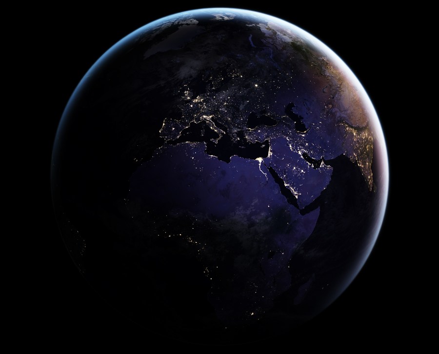 This composite image provides a full-hemisphere view of Earth at night and shows Europe, North Africa, and the Middle East. (NASA Earth Observatory images by Joshua Stevens, using Suomi NPP VIIRS data from Miguel Román, NASA's Goddard Space Flight Center)