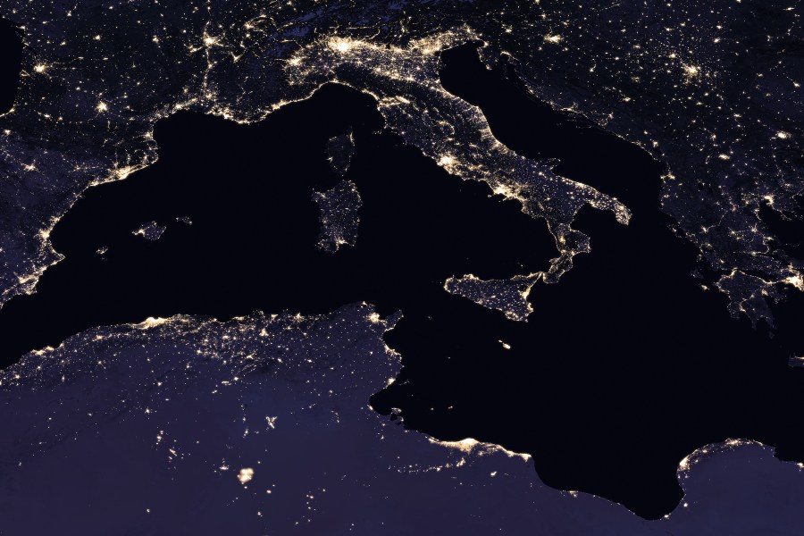 Satellite photo of the Mediterranean region at night, 2016. (NASA Earth Observatory images by Joshua Stevens, using Suomi NPP VIIRS data from Miguel Román, NASA's Goddard Space Flight Center)