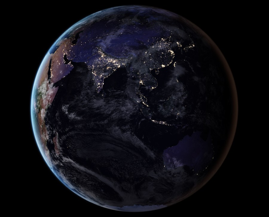 This composite image provides a full-hemisphere view of Earth at night, showing East Asia and the Pacific. (NASA Earth Observatory images by Joshua Stevens, using Suomi NPP VIIRS data from Miguel Román, NASA's Goddard Space Flight Center)