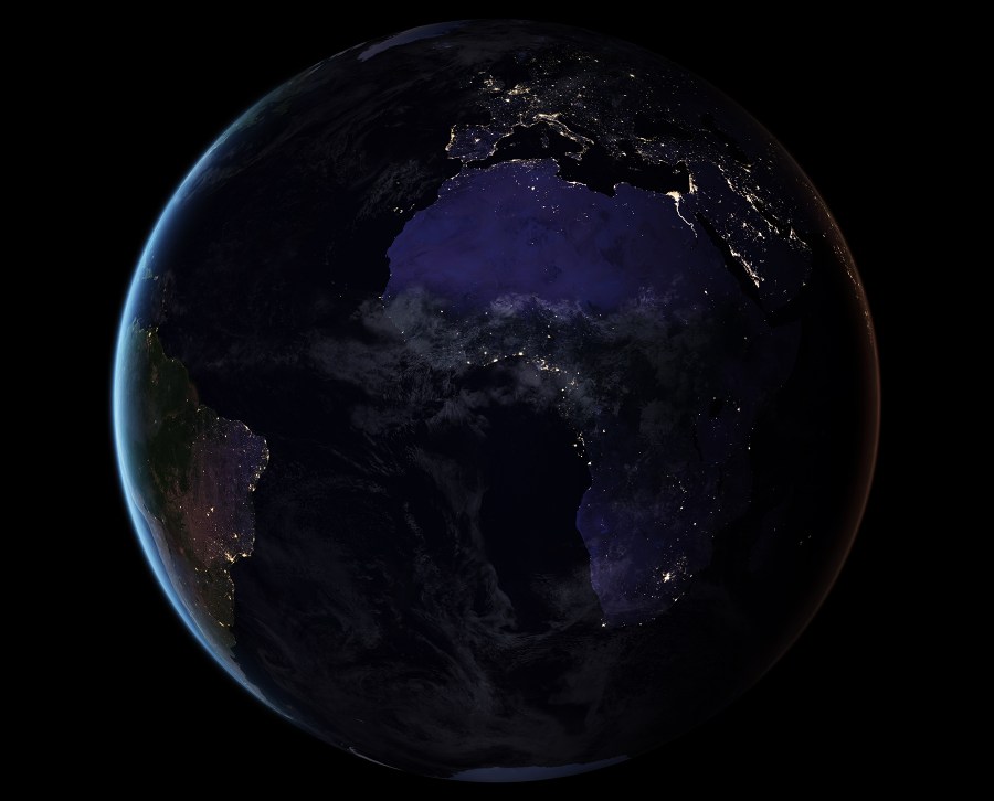 This composite image provides a full-hemisphere view of Earth at night and showing Africa. (NASA Earth Observatory images by Joshua Stevens, using Suomi NPP VIIRS data from Miguel Román, NASA's Goddard Space Flight Center)