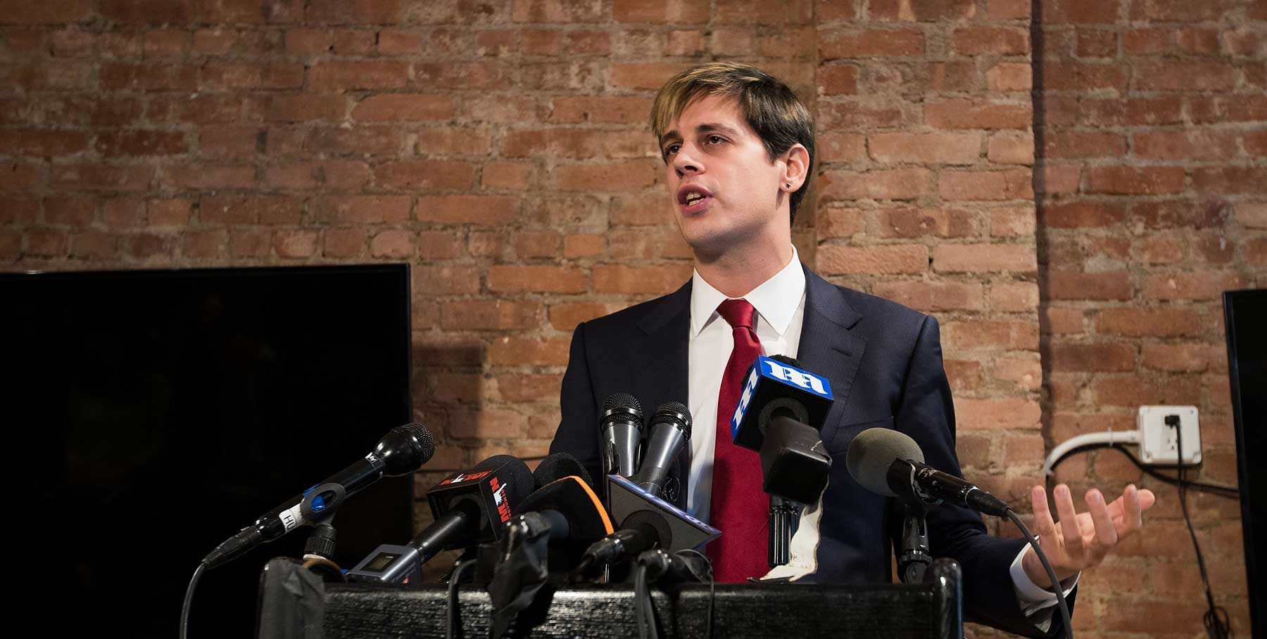 Milo Yiannopoulos speaks during a press conference, February 21, 2017 in New York City. After comments he made regarding pedophilia surfaced in an online video, Yiannopoulos resigned from his position at Brietbart News, was uninvited to speak at the Conservative Political Action Conference (CPAC) and lost a major book deal with Simon & Schuster. (Drew Angerer/Getty Images)