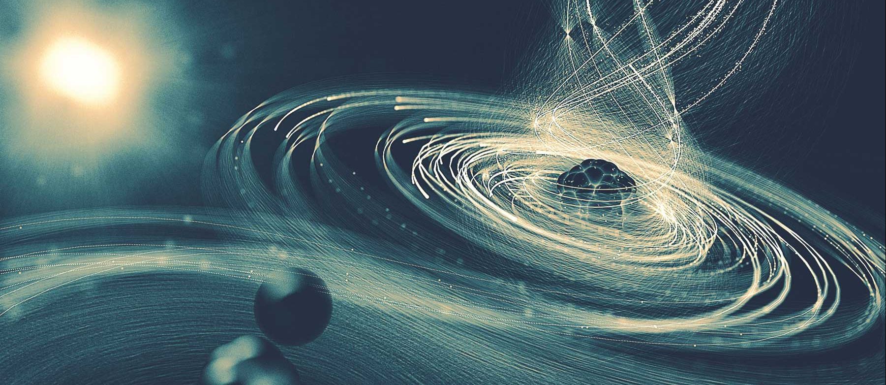 In this illustration, an ultra-intense X-ray laser pulse from SLAC’s Linac Coherent Light Source knocks so many electrons out of a molecule’s iodine atom (right) that the iodine starts pulling in electrons from the rest of the molecule (lower left), like an electromagnetic version of a black hole. Many of the stolen electrons are also knocked out by the laser pulse; then the molecule explodes.