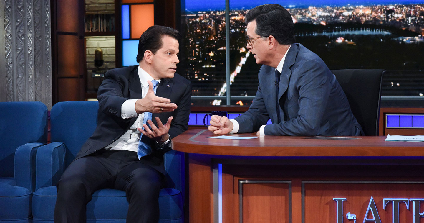 Anthony Scaramucci appears on the "Late Show" with Stephen Colbert on August 14, 2017.