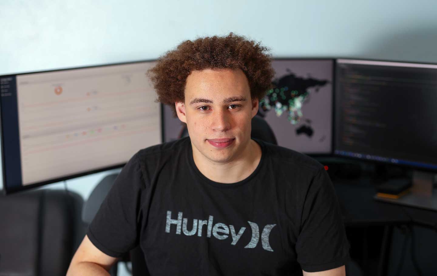 Marcus Hutchins, digital security researcher for Kryptos Logic, poses for a photograph in front of his computer in his bedroom in Ilfracombe, U.K., on Tuesday, July 4, 2017. Hutchins, the 23-year-old who saved the world from a devastating cyberattack in May was asleep in his bed in the English seaside town of Ilfracombe last week after a night of partying when another online extortion campaign spread across the globe. (Chris Ratcliffe/Bloomberg via Getty Images)