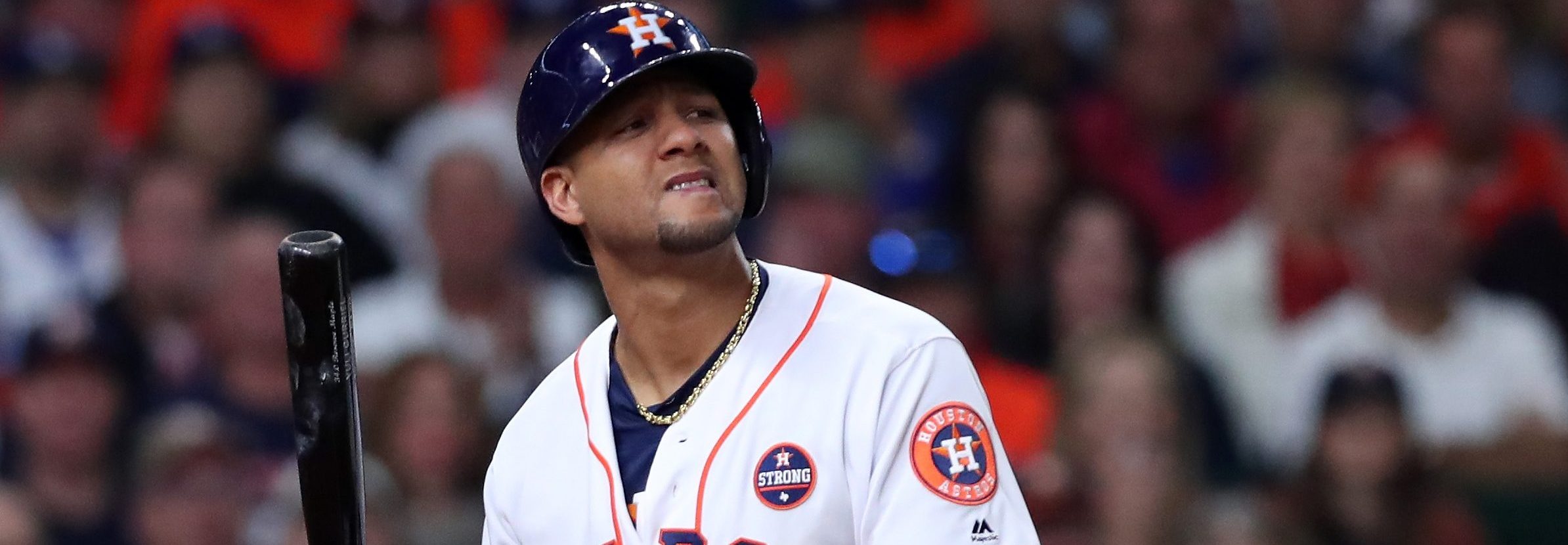 Yuli Gurriel #10 of the Houston Astros reacts after striking out during the fifth inning against the Los Angeles Dodgers in game four of the 2017 World Series at Minute Maid Park on October 28, 2017 in Houston, Texas.  (Photo by Tom Pennington/Getty Images)