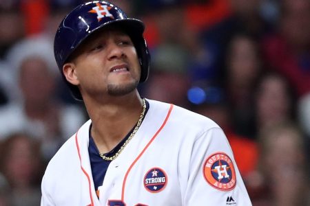 Yuli Gurriel #10 of the Houston Astros reacts after striking out during the fifth inning against the Los Angeles Dodgers in game four of the 2017 World Series at Minute Maid Park on October 28, 2017 in Houston, Texas.  (Photo by Tom Pennington/Getty Images)