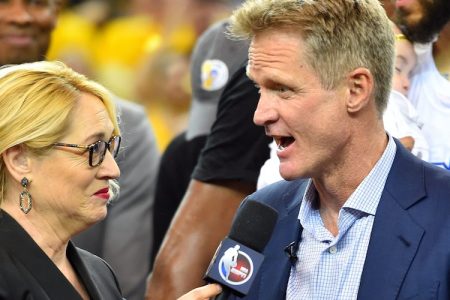 OAKLAND, CA - JUNE 12: Steve Kerr of the Golden State Warriors talks with ESPN reporter Doris Burke after their victory against the Cleveland Cavaliers in Game Five of the 2017 NBA Finals on June 12, 2017 at ORACLE Arena in Oakland, California. NOTE TO USER: User expressly acknowledges and agrees that, by downloading and or using this photograph, user is consenting to the terms and conditions of Getty Images License Agreement. Mandatory Copyright Notice: Copyright 2017 NBAE (Photo by Jesse D. Garrabrant/NBAE via Getty Images)