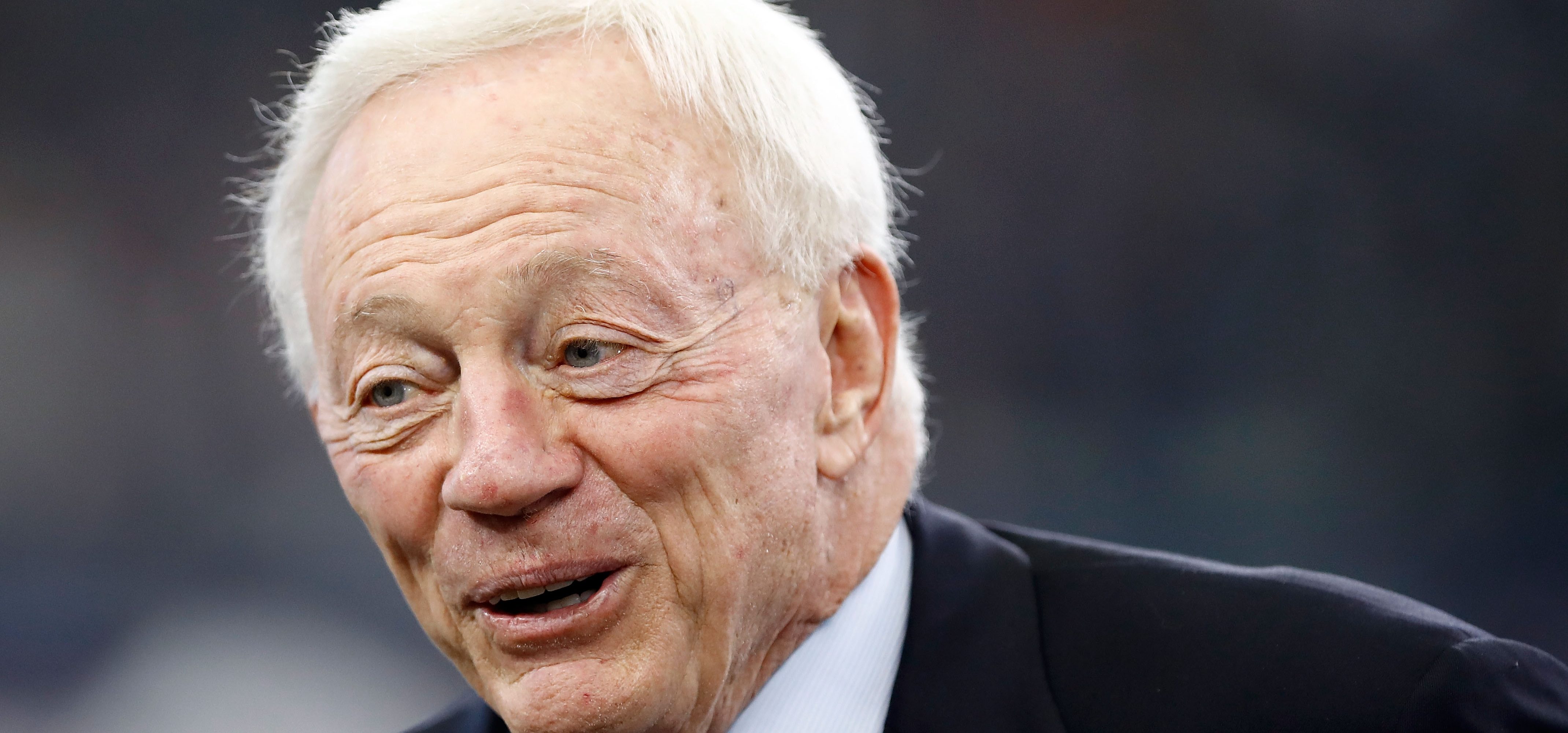 Dallas Cowboys owner Jerry Jones stands on the field during warmups before the football game against the Los Angeles Chargers at AT&T Stadium on November 23, 2017 in Arlington, Texas.  (Photo by Wesley Hitt/Getty Images)