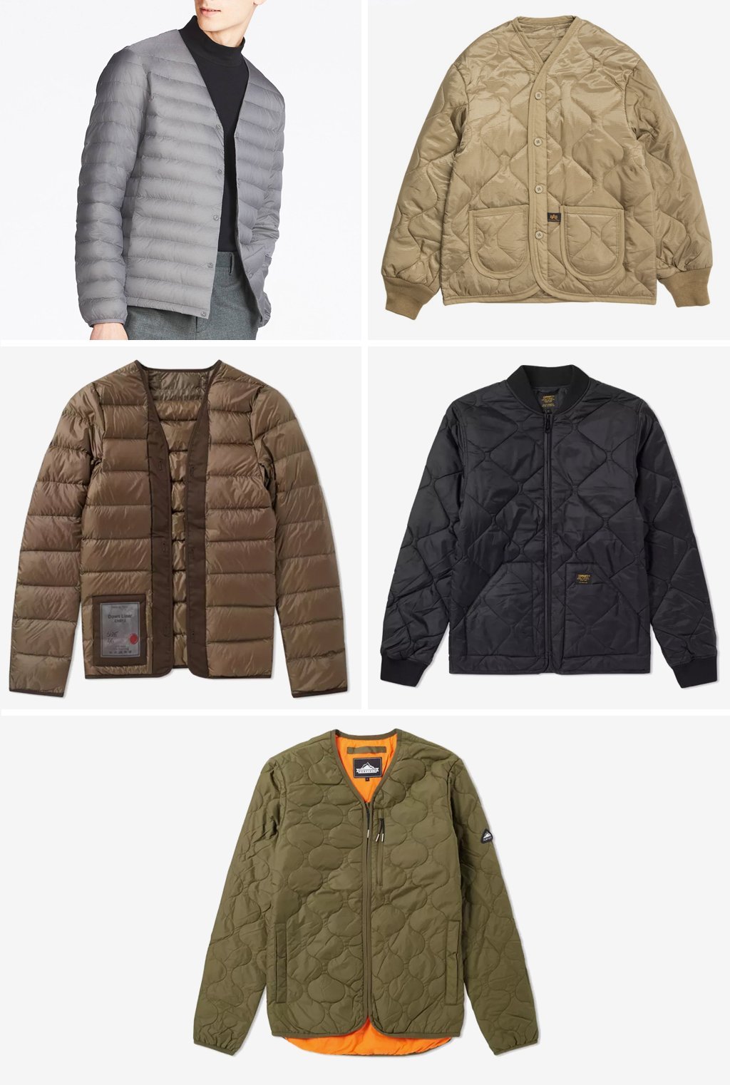 Uniqlo Ultra Light Down Compact Jacket, Alpha M-65 Liner, Carhartt Newton Bomber Liner, Penfield Oakham Jacket, Ten C Nylon Down Liner