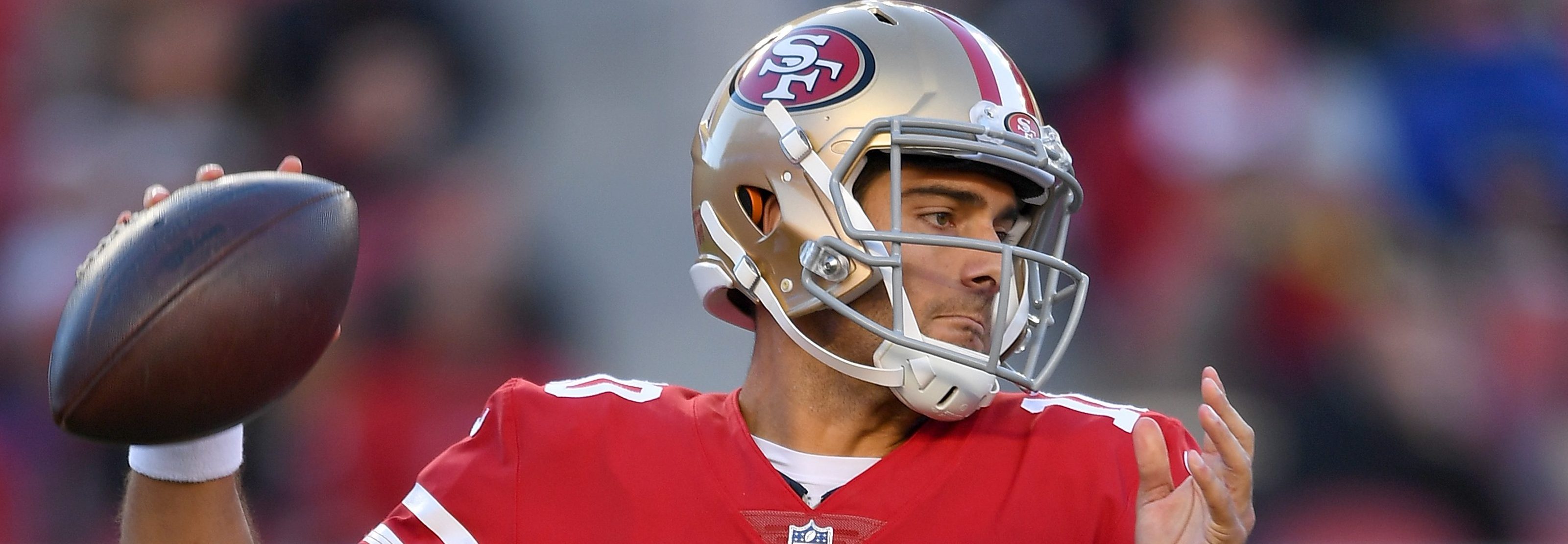 Jimmy Garoppolo #10 of the San Francisco 49ers drops back to pass against the Tennessee Titans during their NFL football game at Levi's Stadium on December 17, 2017 in Santa Clara, California.  (Photo by Thearon W. Henderson/Getty Images)