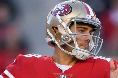 Jimmy Garoppolo #10 of the San Francisco 49ers drops back to pass against the Tennessee Titans during their NFL football game at Levi's Stadium on December 17, 2017 in Santa Clara, California.  (Photo by Thearon W. Henderson/Getty Images)