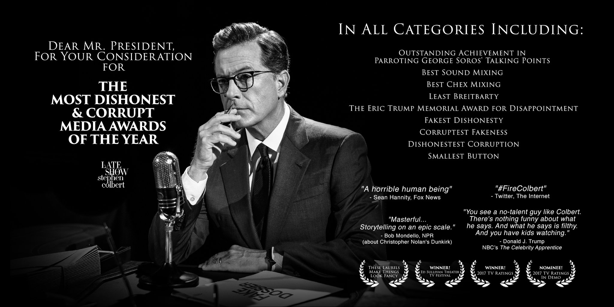 Stephen Colbert's "ad" for consideration of President Trump's "corrupt media awards." (Colbert/CBS/Twitter)