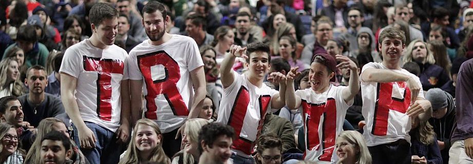 Liberty University students (L-R) Austin Miller, James Ford, Jeremy Boyd, Josiah O'Boyle and Cody Hildebrand wear home made t-shirts spelling 'TRUMP' while waiting for the arrival of Republican presidential candidate Donald Trump during a campaign rally in the Vines Center at the university  January 18, 2016 in Lynchburg, Virginia. (Chip Somodevilla/Getty Images)