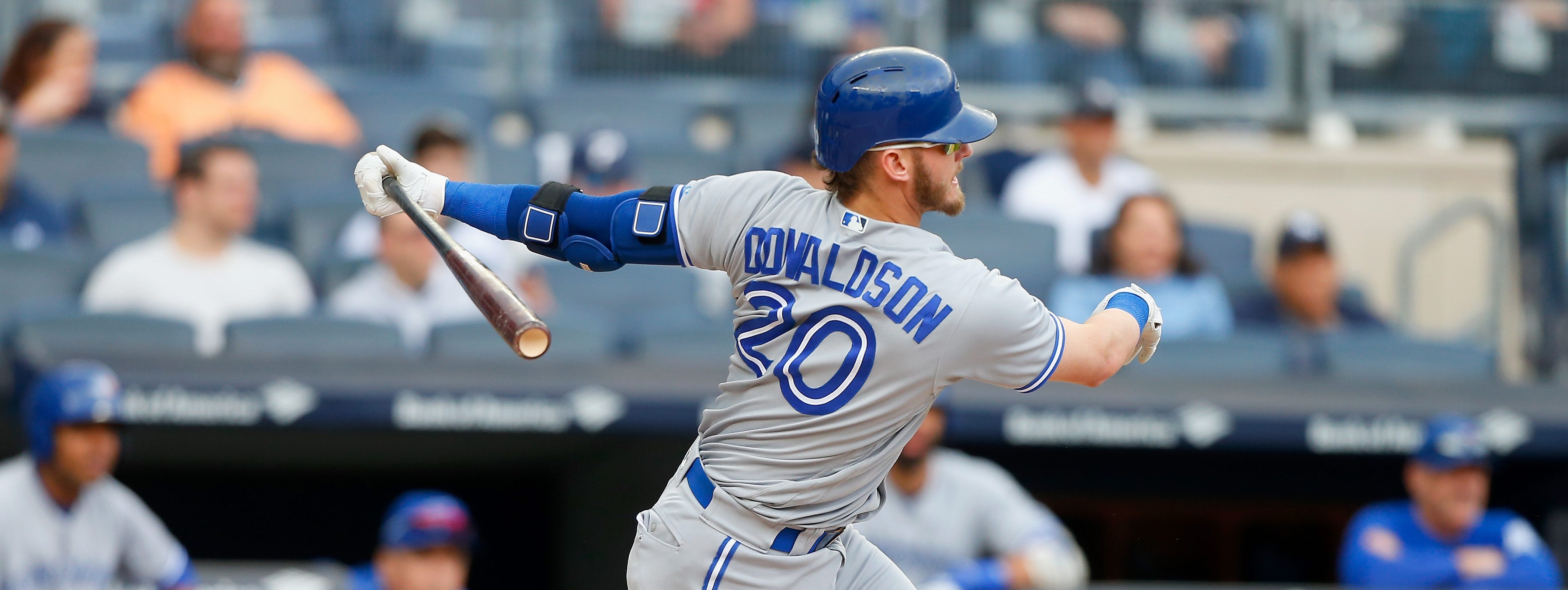 Josh Donaldson #20 of the Toronto Blue Jays in action against the New York Yankees at Yankee Stadium on September 30, 2017.  (Photo by Jim McIsaac/Getty Images)