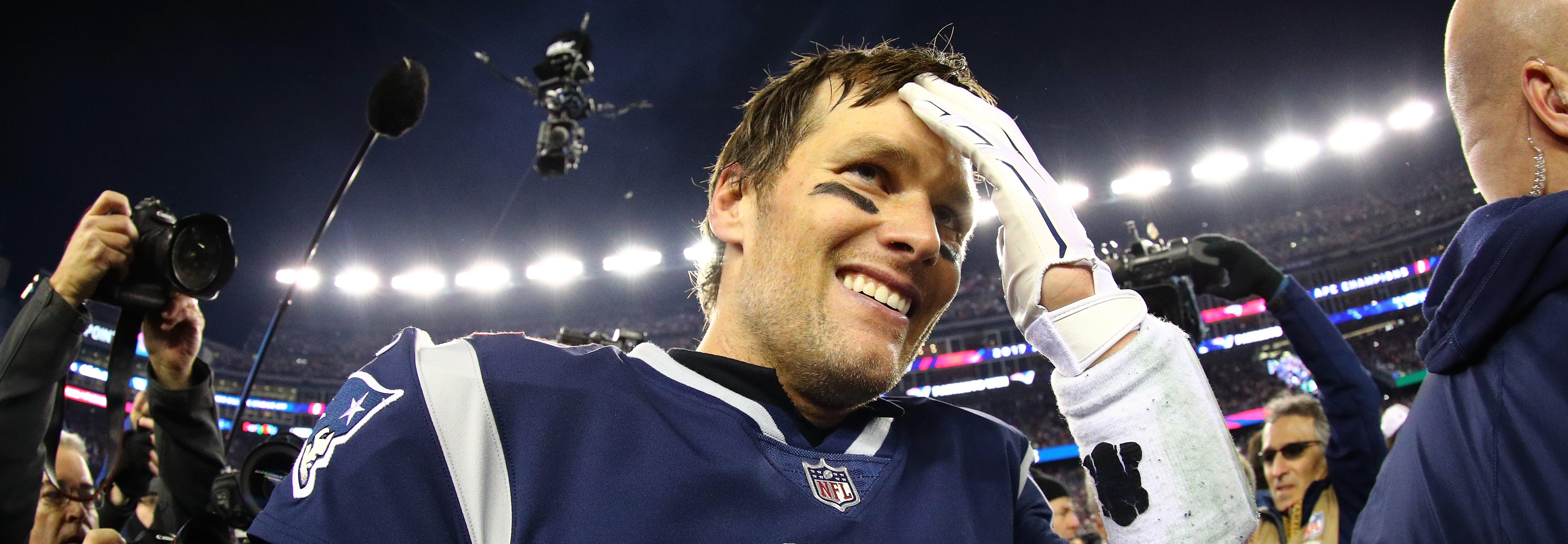 Tom Brady #12 of the New England Patriots reacts after winning the AFC Championship Game against the Jacksonville Jaguars at Gillette Stadium on January 21, 2018 in Foxborough, Massachusetts.  (Maddie Meyer/Getty Images)