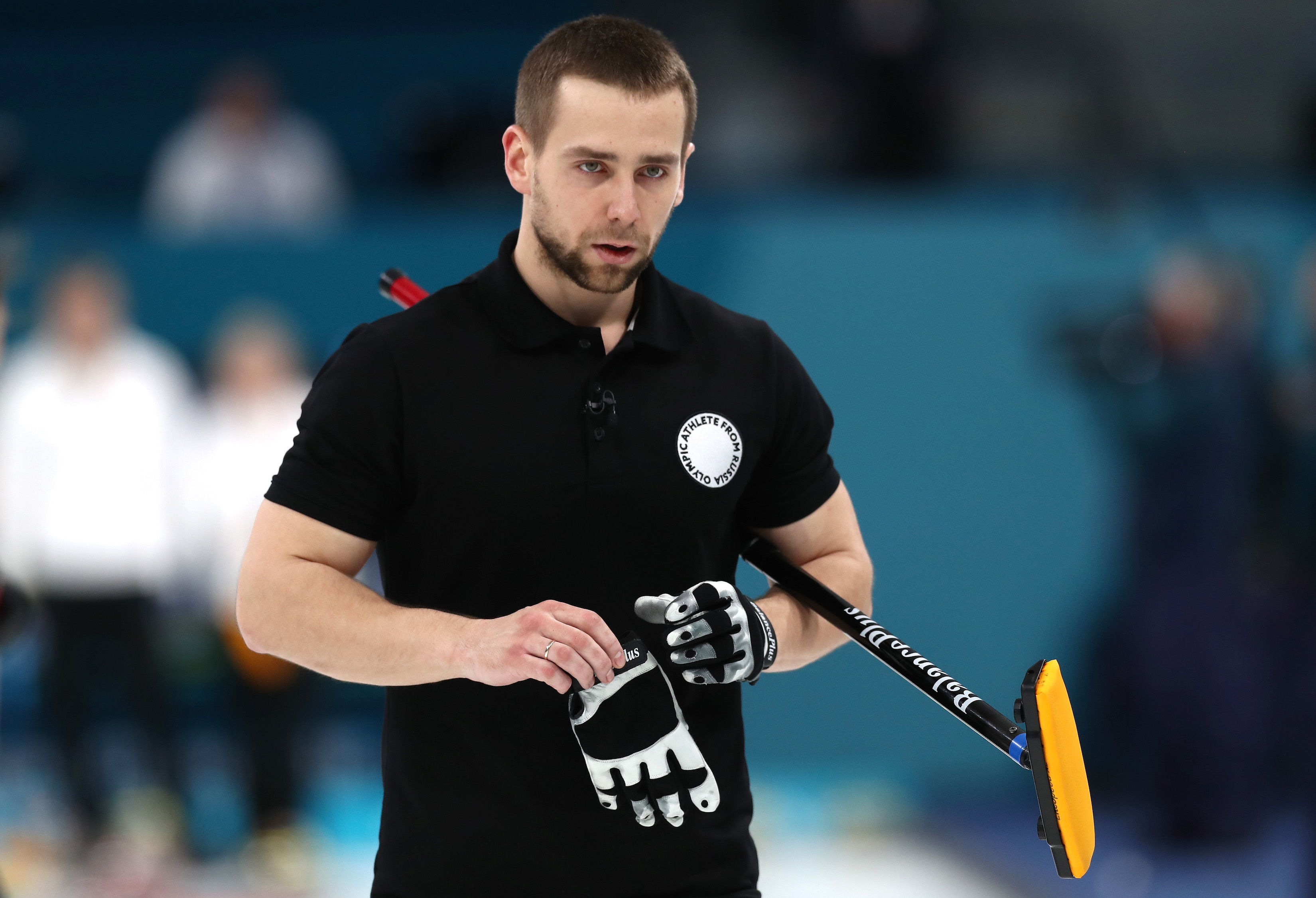Aleksandr Krushelnitckii of Olympic Athletes from Russia looks on against Norway during the Curling Mixed Doubles Bronze Medal Game on day four of the PyeongChang 2018 Winter Olympic Games at Gangneung Curling Centre on February 13, 2018 in Gangneung, South Korea.  (Photo by Ronald Martinez/Getty Images)