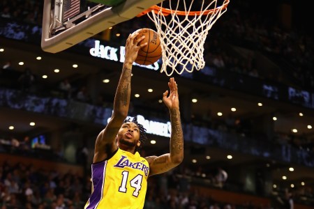 Brandon Ingram #14 of the Los Angeles Lakers drives to the basket during the first quarter against the Boston Celtics at TD Garden on November 8, 2017 in Boston, Massachusetts.  (Tim Bradbury/Getty Images)
