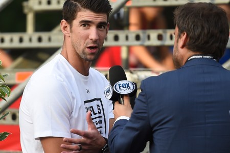 Michael Phelps talks to the media during his visit to Argentina at El Rosedal Park on December 07, 2017 in Buenos Aires, Argentina. (Marcelo Endelli/Getty Images)