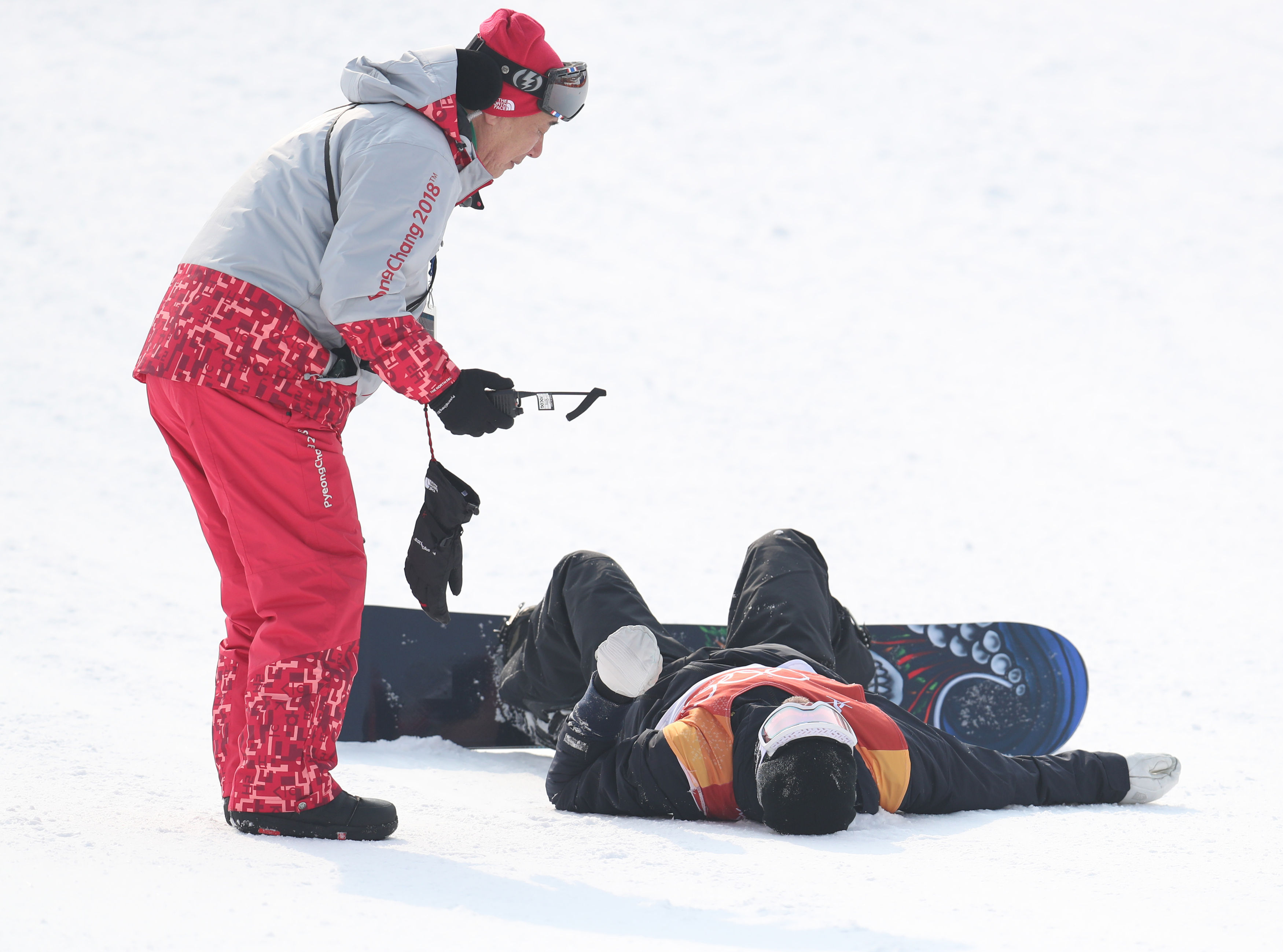 Sweden's Mans Hedberg lies injured after a heavy fall in run 2 of qualification for Men's Snowboard Slopestyle the PyeongChang 2018 Winter Olympic Games in South Korea. (Photo by Mike Egerton/PA Images via Getty Images)