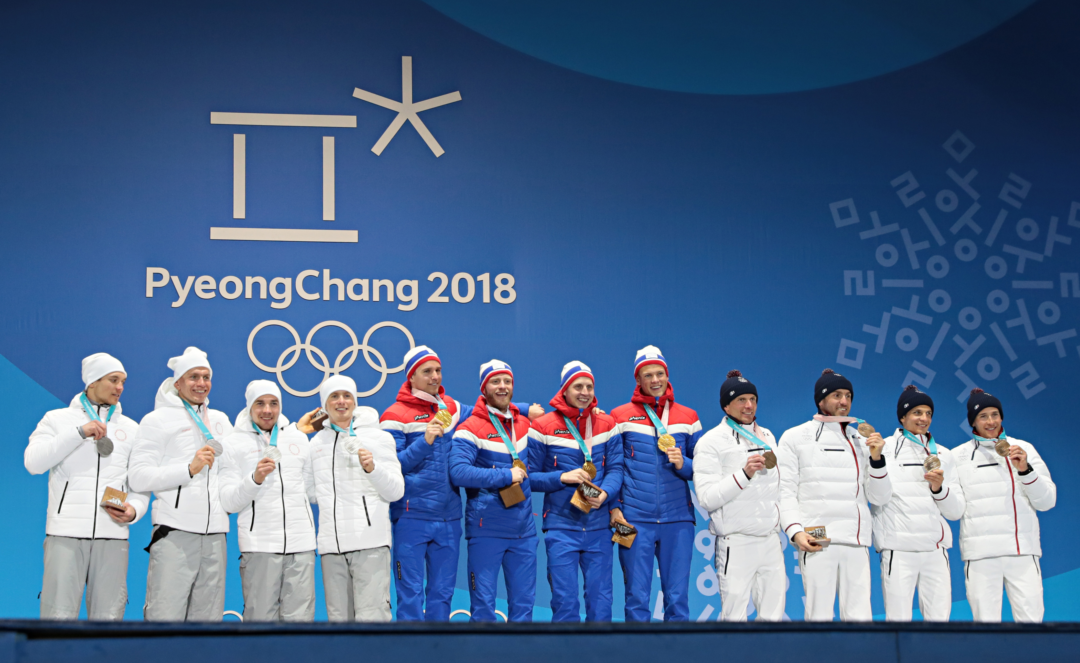 PYEONGCHANG-GUN, SOUTH KOREA - FEBRUARY 18:  Olympic Athlete from Russia wins the silver medal, team Norway wins the gold medal, team France wins the bronze medal of the cross country Men's Relay 4x10km during the Medal Ceremony at Medal Plaza on February 18, 2018 in Pyeongchang-gun, South Korea. (Photo by Laurent Salino/Agence Zoom/Getty Images)