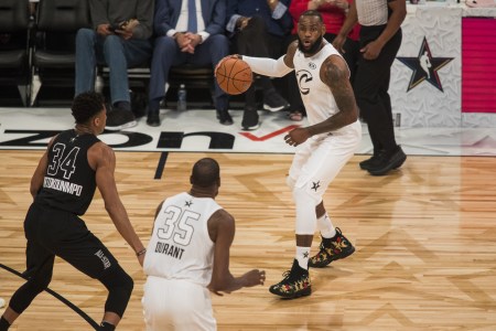 LeBron James #23 of Team Lebron looks to pass the ball to teammate Kevin Durant #35 during the 2018 NBA All-Star Game at the Staples Center in Los Angeles, California on February 18, 2018. (Philip Pacheco/Anadolu Agency/Getty Images)