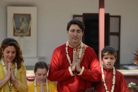 Canadian Prime Minister Justin Trudeau (2nd) with his wife Sophie Gregoire Trudeau (L),  daughter Ella-Grace (2nd L) and son Xavier (R) visit Gandhi Ashram in Ahmedabad on February 19, 2018. (AM PANTHAKY/AFP/Getty Images)