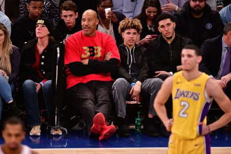 Tina Ball, LaVar Ball, LaMelo Ball, LiAngelo Ball and Lonzo Ball attend the Los Angeles Lakers Vs New York Knicks game at Madison Square Garden on December 12, 2017 in New York City.  (Photo by James Devaney/Getty Images)