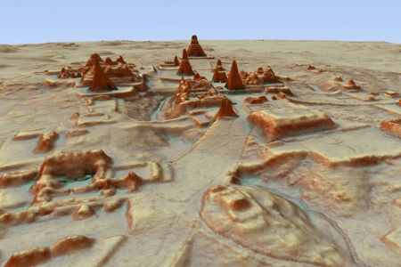 Digital 3-D image provided by Guatemala's Mayan Heritage and Nature Foundation, PACUNAM, shows a depiction of the Maya archaeological site at Tikal in Guatemala created using lidar aerial mapping technology.  (Canuto & Auld-Thomas/PACUNAM via AP)