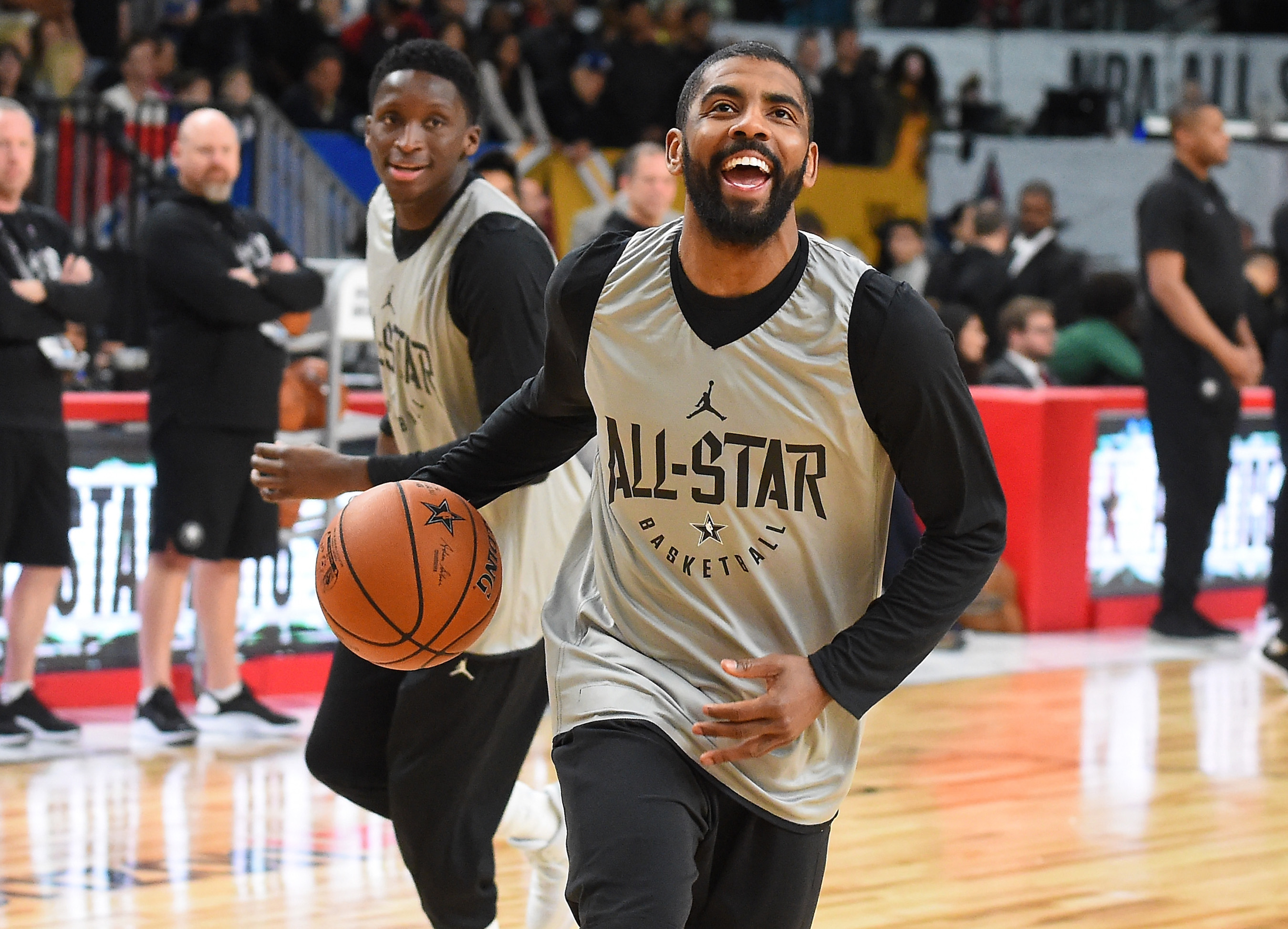 Kyrie Irving #11 goes past Victor Oladipo #4 of Team LeBron during practice at the Verizon Up Arena at LACC on February 17, 2018 in Los Angeles, California.  (Photo by Jayne Kamin-Oncea/Getty Images)NOTE TO USER: User expressly acknowledges and agrees that, by downloading and or using this photograph, User is consenting to the terms and conditions of the Getty Images License Agreement.  (Photo by Jayne Kamin-Oncea/Getty Images)