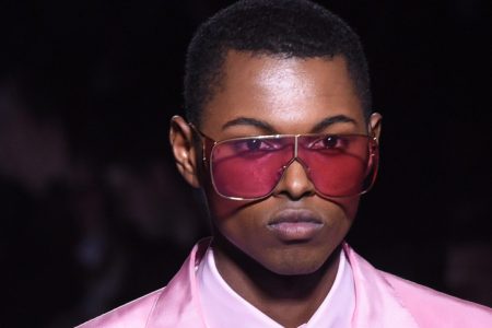 A model walks the runway at Tom Ford Men's - February 2018 - New York Fashion Week at Park Avenue Armory on February 6, 2018 in New York City.  (Presley Ann/Patrick McMullan via Getty Images)
