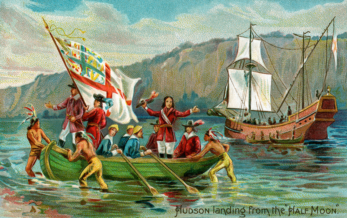 Vintage illustration of explorer Henry Hudson landing in New York from the ship Half-Moon; chromolithograph, 1905. (Photo by GraphicaArtis/Getty Images)