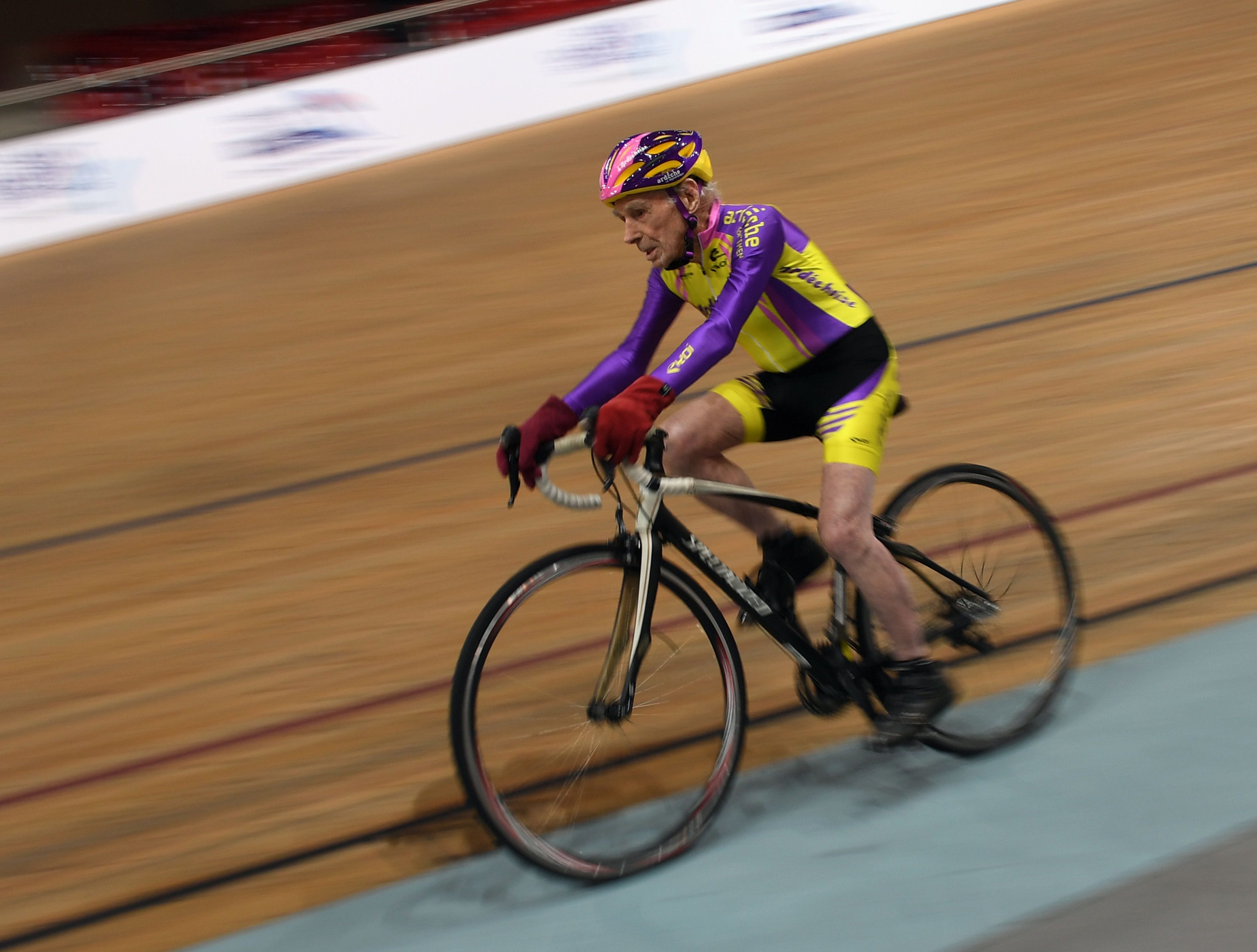 French centenarian cyclist Robert Marchand, 106, rides a 4000 meters at the Saint-Quentin-en-Yvelines track cycling  on February 11, 2018. (ERIC FEFERBERG/AFP/Getty Images)