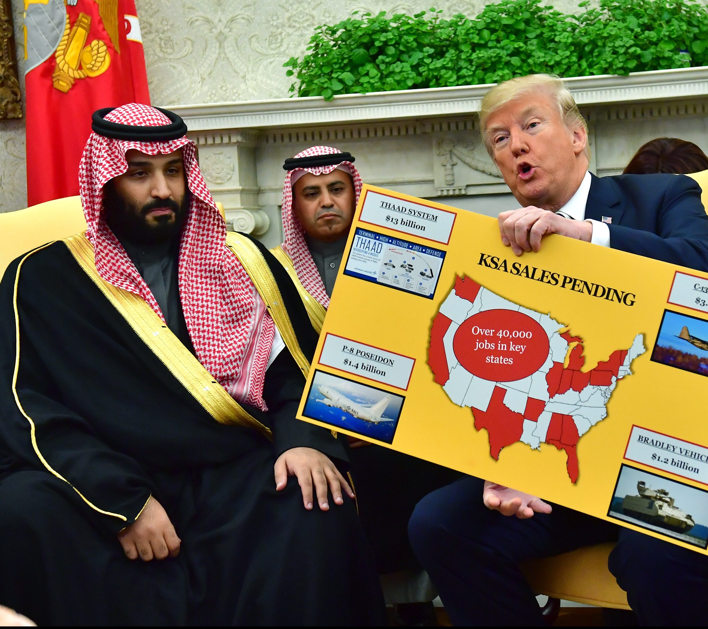 President Donald Trump (R) holds up a chart of military hardware sales as he meets with Crown Prince Mohammed bin Salman of the Kingdom of Saudi Arabia in the Oval Office at the White House on March 20, 2018 in Washington, D.C.  (Photo by Kevin Dietsch-Pool/Getty Images)