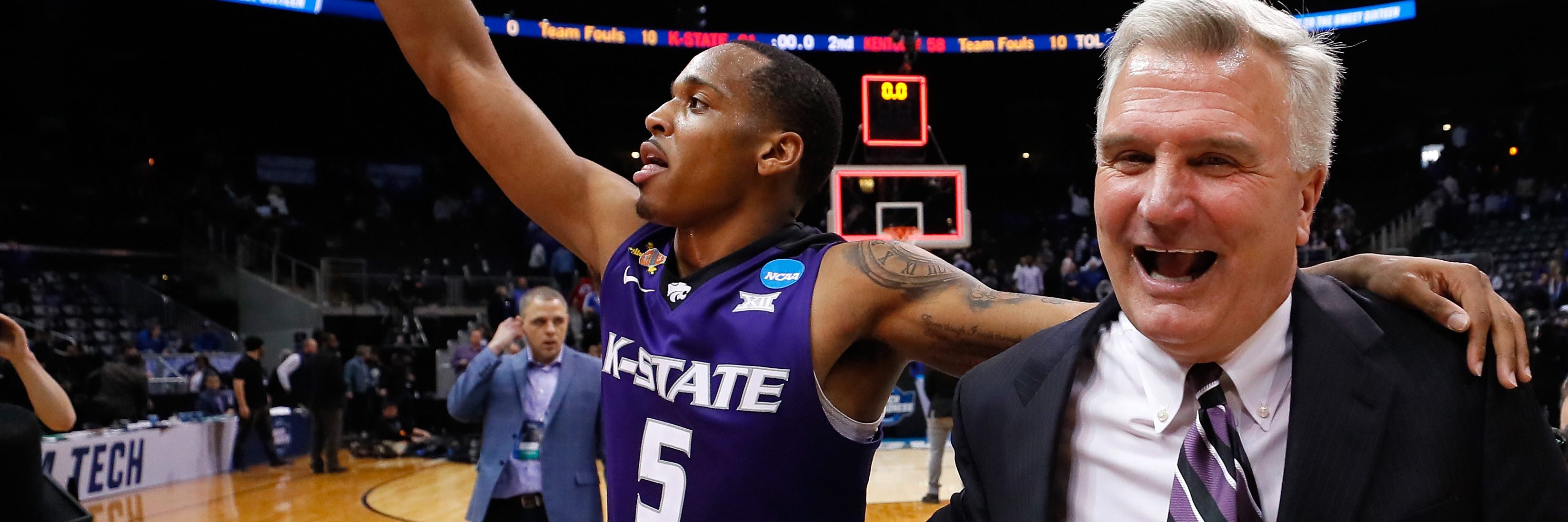 Barry Brown #5 of the Kansas State Wildcats celebrates with head coach Bruce Weber after defeating the Kentucky Wildcats during the 2018 NCAA Men's Basketball Tournament South Regional at Philips Arena on March 22, 2018 in Atlanta, Georgia. (Photo by Kevin C. Cox/Getty Images)