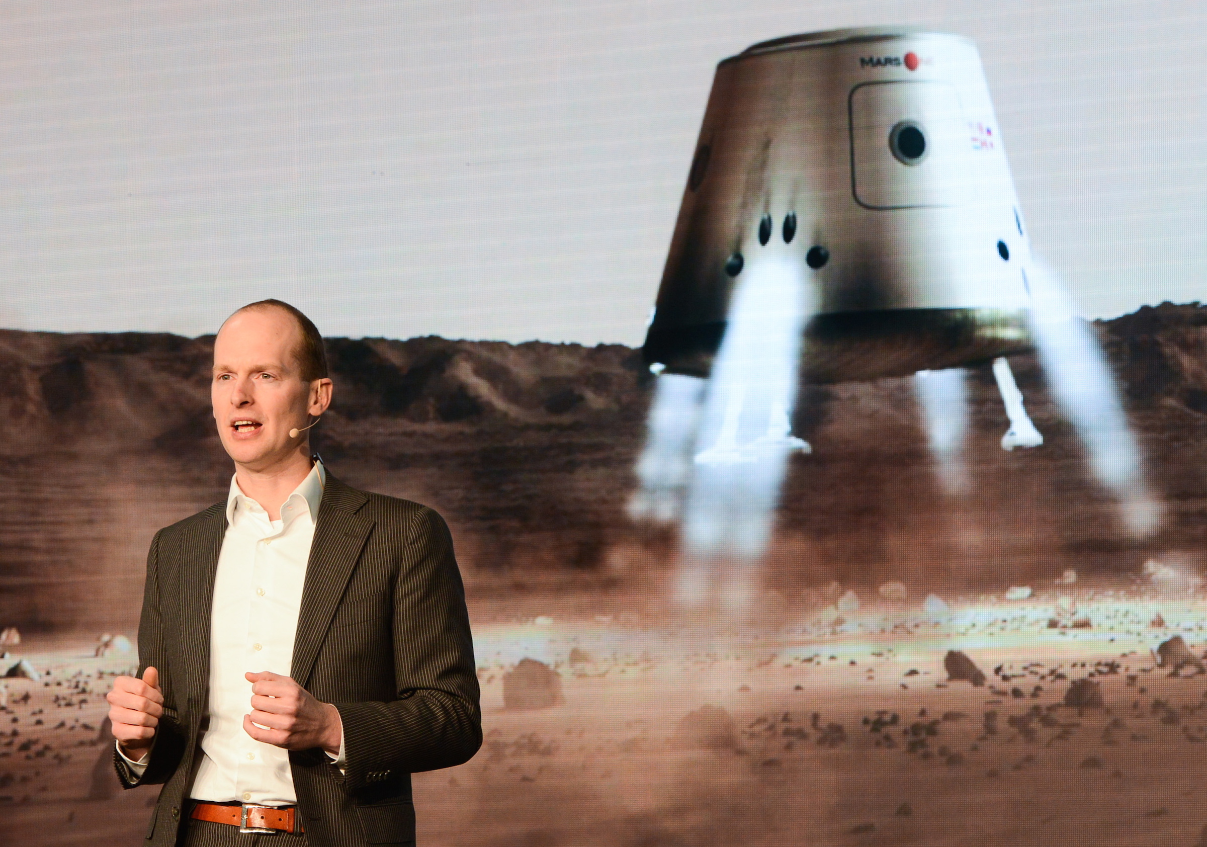 Mars One Project co-chairman Bas Lansdorp speaks at a presentational event titled "Hyper Ideas. New Types of Megaprojects" as part of the 2016 Open Innovations Forum at the Skolkovo Technopark. Nikolai Galkin/TASS (Photo by Nikolai GalkinTASS via Getty Images)