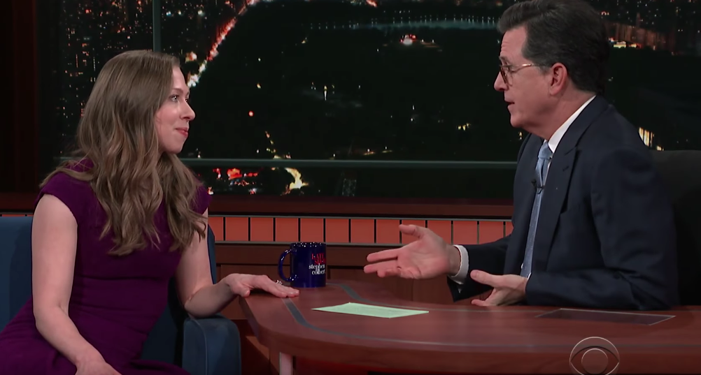 Chelsea Clinton appears on Stephen Colbert's "Late Show," March 5, 2018. (YouTube)