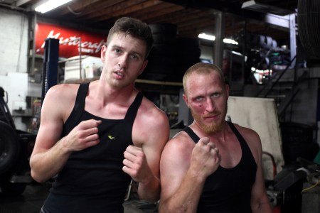 Henry Stewart, 21, (left) and Eddie Lynch, 26, after their bloody battle on September 12, in East Coast, USA. (John Balson / Barcroft USA / Barcroft Media via Getty Images)