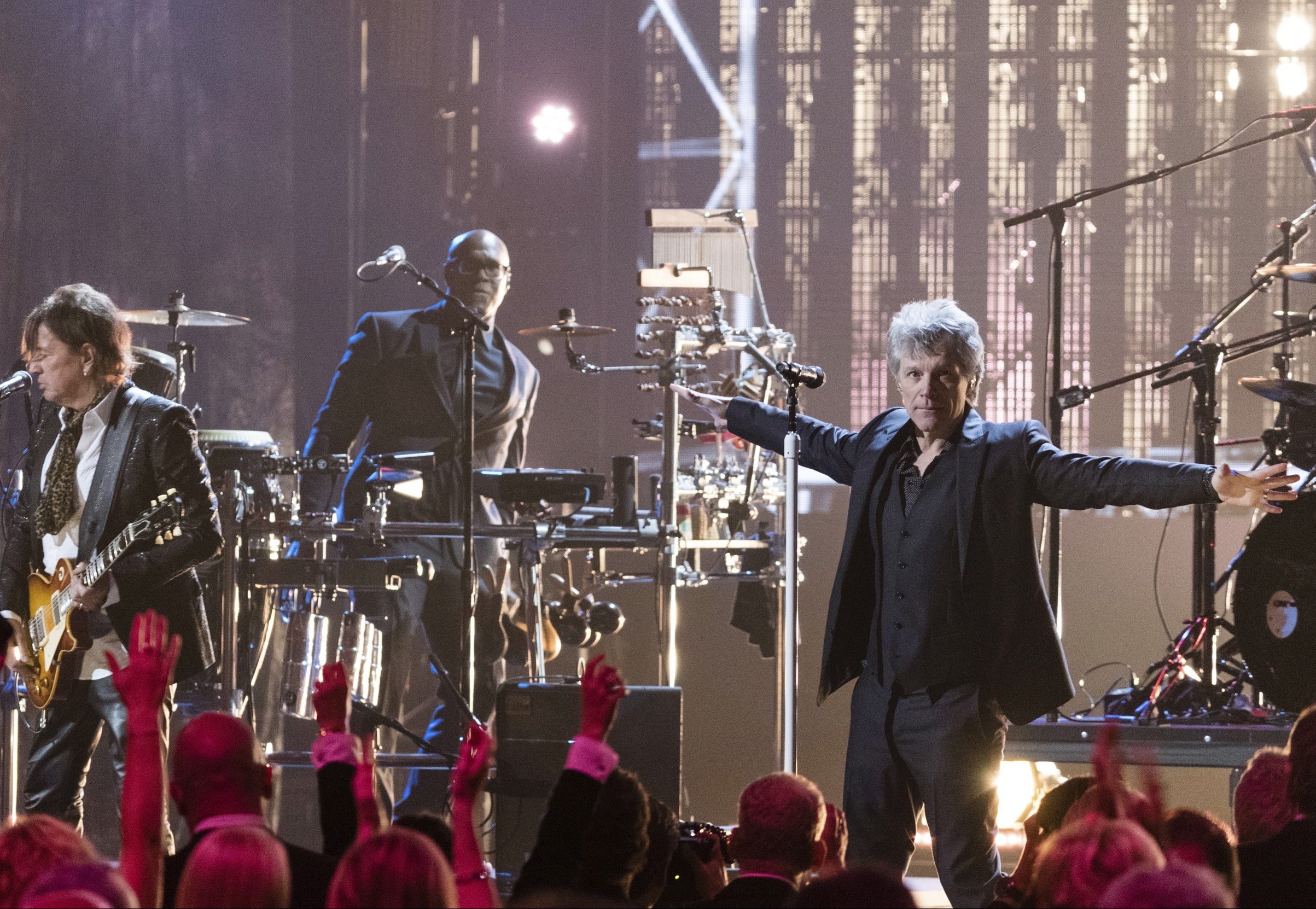 Richie Sambora, left, and Jon Bon Jovi are seen at the 2018 Rock and Roll Hall of Fame Induction Ceremony at Cleveland Public Auditorium on April 14, 2018, in Cleveland, Ohio. (Photo by Michael Zorn/Invision/AP)