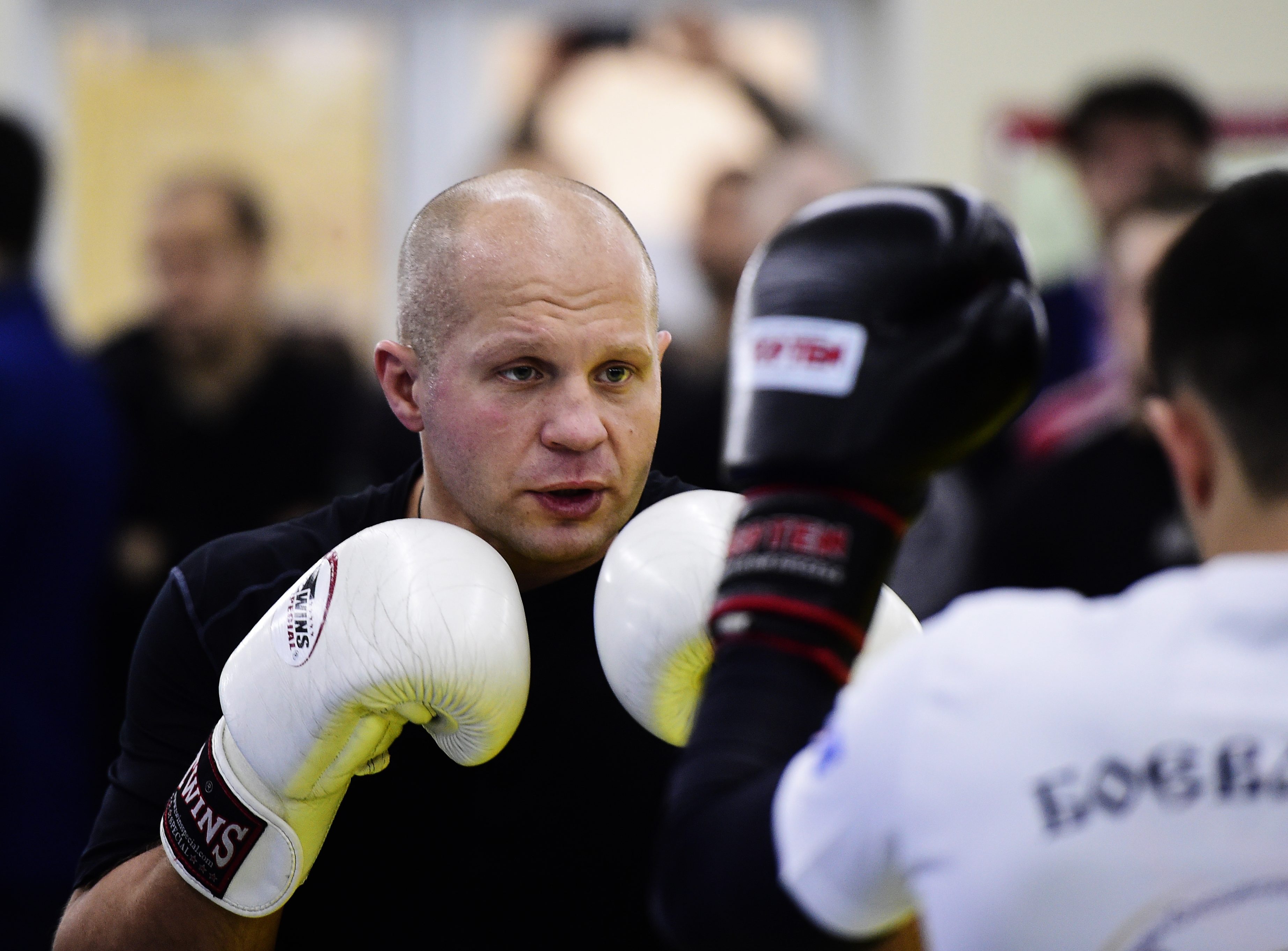 Russian mixed martial artist Fedor Emelianenko (L), president of the Russian MMA Union, multiple World Combat Sambo Champion, gives a masterclass to Primorye fighters at the Molodyozhny Sports Complex. Yuri Smityuk/TASS (Photo by Yuri SmityukTASS via Getty Images)
