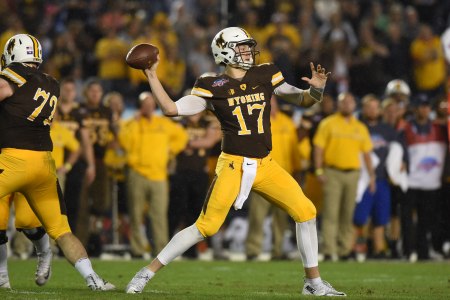 Wyoming (17) Josh Allen (QB) drops back to pass during the San Diego Credit Union Poinsettia Bowl game between the BYU Cougars and the Wyoming Cowboys on December 21, 2016, at Qualcomm Stadium in San Diego, CA. (Photo by Chris Williams/Icon Sportswire via Getty Images)