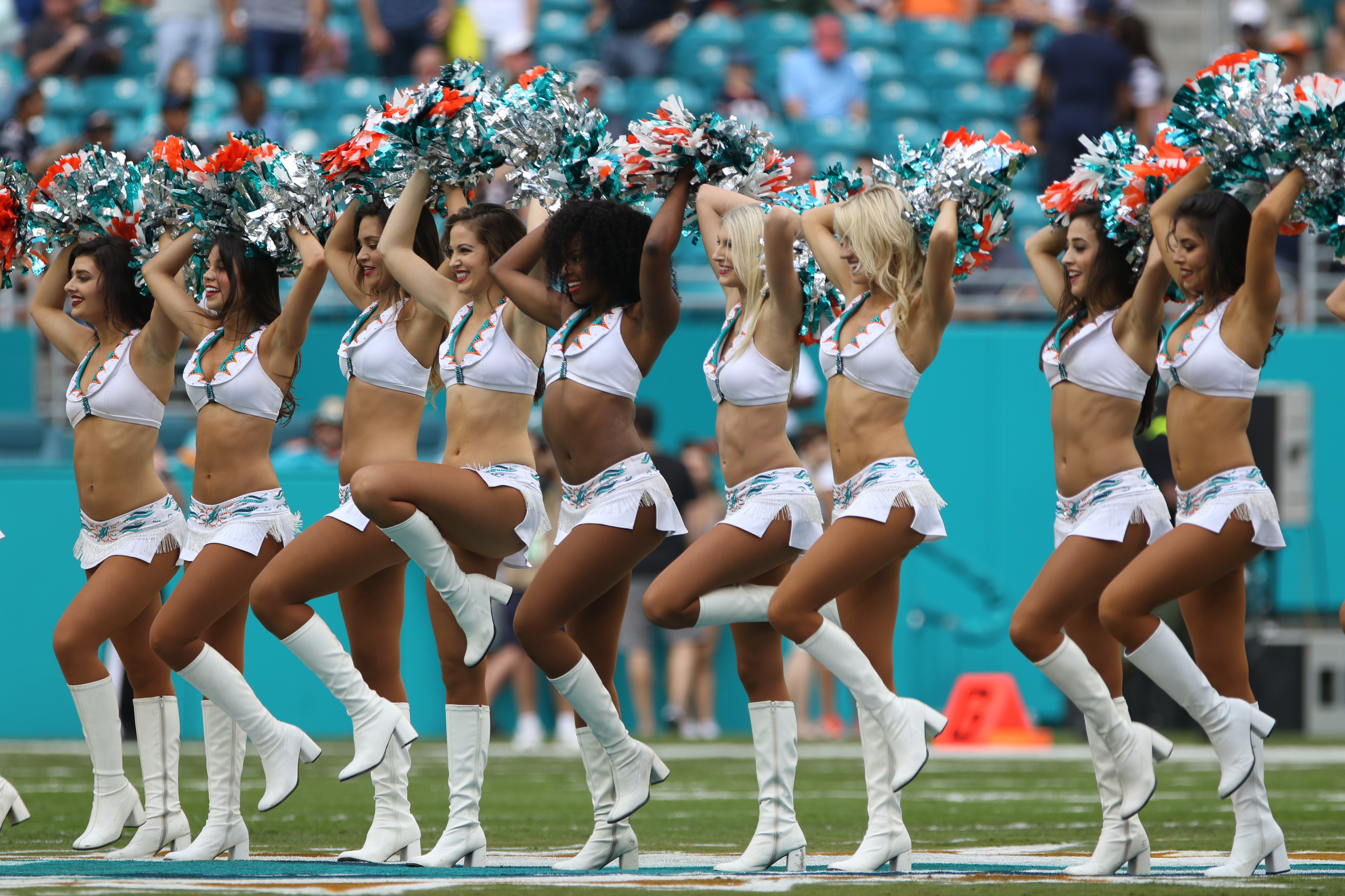 MIAMI GARDENS, FL - JANUARY 01: Cheerleaders perform as the New England Patriots play against the Miami Dolphins at Hard Rock Stadium on January 1, 2017 in Miami Gardens, Florida. The patriots defeated the Dolphins 35-14. (Photo by Marc Serota/Getty Images)