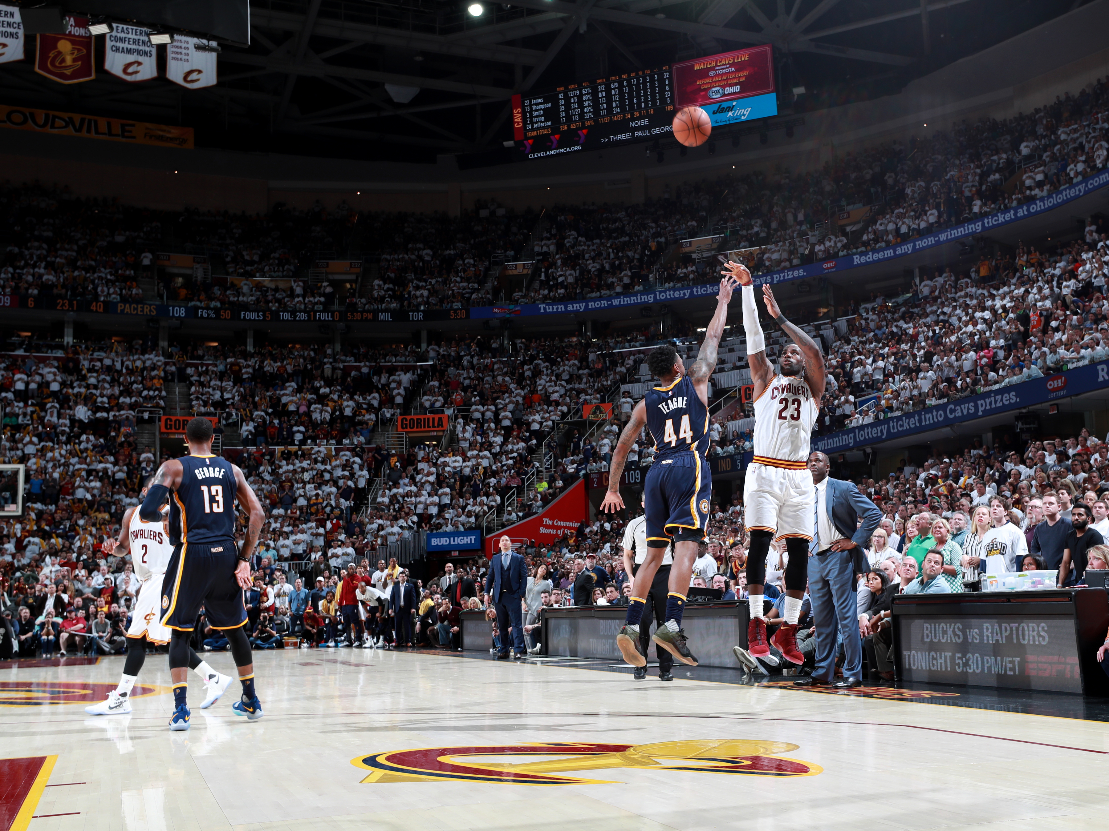 LeBron James #23 of the Cleveland Cavaliers shoots a three pointer against the Indiana Pacers in Round One of the Eastern Conference Playoffs during the 2017 NBA Playoffs on April 15, 2017 at Quicken Loans Arena in Cleveland, Ohio. (Photo by Jeff Haynes/NBAE via Getty Images)