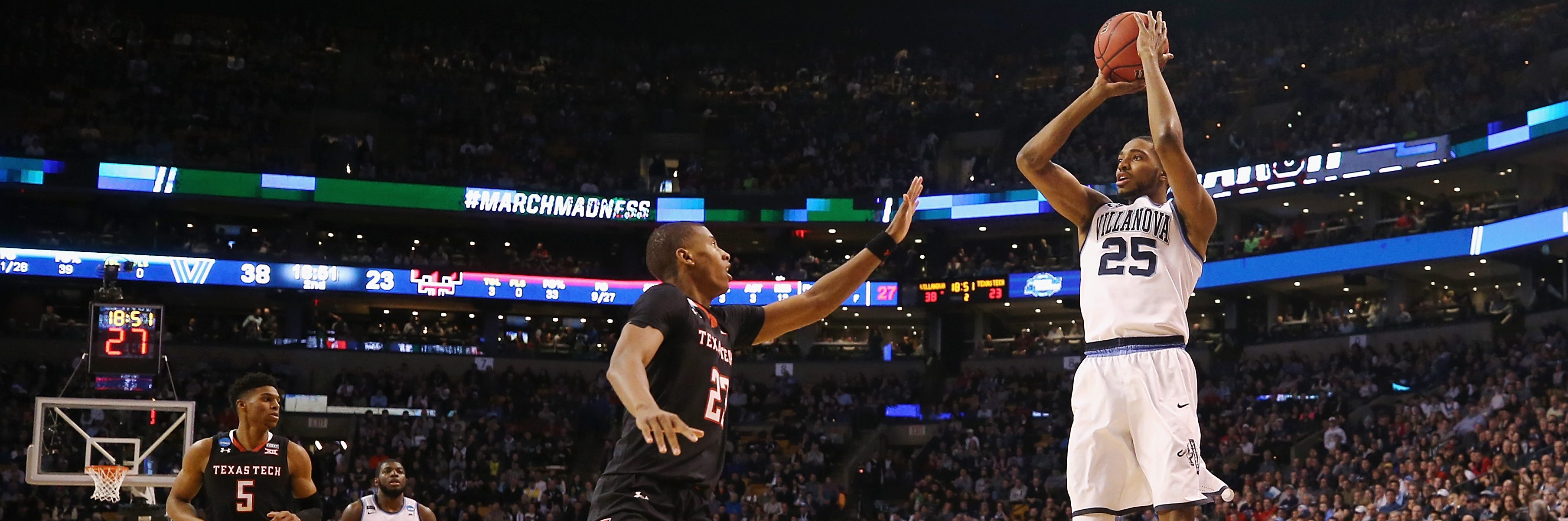 Mikal Bridges #25 of the Villanova Wildcats shoots the ball against Jarrett Culver #23 of the Texas Tech Red Raiders during the second half in the 2018 NCAA Men's Basketball Tournament East Regional at TD Garden on March 25, 2018 in Boston, Massachusetts.  (Photo by Elsa/Getty Images)
