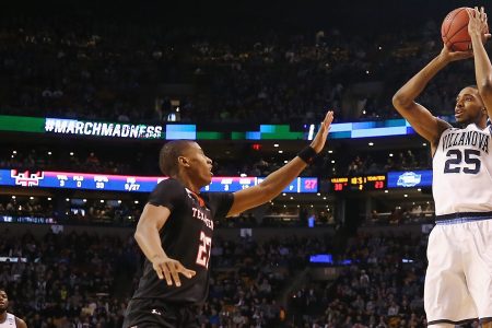 Mikal Bridges #25 of the Villanova Wildcats shoots the ball against Jarrett Culver #23 of the Texas Tech Red Raiders during the second half in the 2018 NCAA Men's Basketball Tournament East Regional at TD Garden on March 25, 2018 in Boston, Massachusetts.  (Photo by Elsa/Getty Images)
