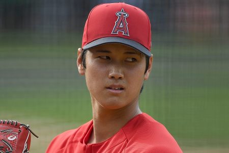 Shohei Ohtani #17 of the Los Angeles Angels of Anaheim works out in the bullpen prior to the start of a Major League Baseball game against the Oakland Athletics at Oakland Alameda Coliseum on March 30, 2018 in Oakland, California.  (Photo by Thearon W. Henderson/Getty Images)